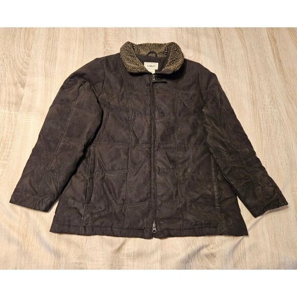 Ll Bean Brown Faux Suede Sherpa Collar Down Down Filled Coat Size L Petite - Picture 1 of 7